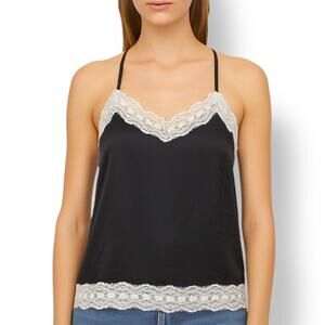 FT Black Satin Camisole Ivory Lace Trim Adjustable Spaghetti Strap Large Top